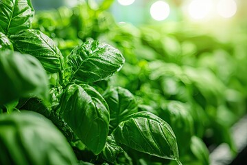 Wall Mural - A Lush Symphony of Green: Fresh Basil Leaves Glisten with Dew Drops, Captured in a Moment of Tranquil Growth.