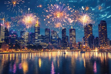 Wall Mural - A Symphony of Light: City Skyline Blazing with Fireworks