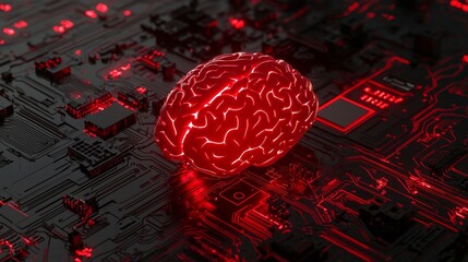 Digital technology and intelligence are converging in the form of a glowing and complex circuit board with a neural network and AI brain at its center