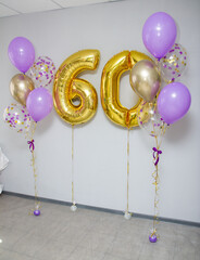 Wall Mural - set of gold and purple balloons, gold numbers 60 years old foil balloons