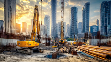 Massive drilling machine operates at bustling construction site, hauling heavy pipes and equipment amidst a backdrop of half-built skyscrapers and sprawling urban development.