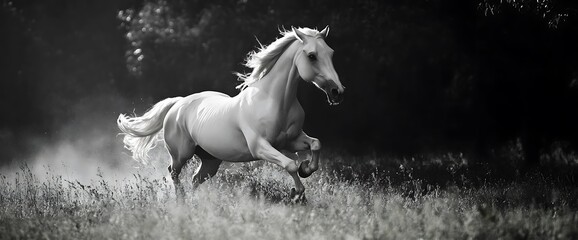 A white horse runs through a field of tall grass with a dark forest behind it, photographed in black and white.