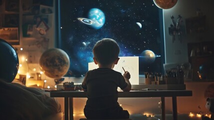 A lovely little boy draws with a pencil from a glass in a cinematic back shot. Imagining the future in a room with a space theme.