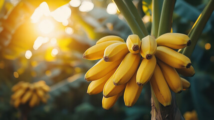 Banana bunch hanging on tree in sunlight in tropical plantation. Fresh yellow fruit, healthy natural food growing in warm sunny climate garden or farm