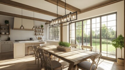 Sunny kitchen interior with wooden furniture, modern design rustic dining table and bright windows. Cozy home space with stylish elements, an empty vintage counter, and elegant decor, view on garden 