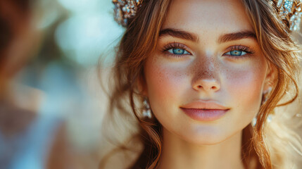 Close-up of smiling young woman wearing tiara in bright outdoor light. Royal and elegant look, natural beauty, focus on face, detailed eyes, soft background