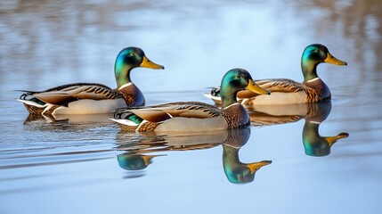 Mallard ducks floating, swimming, or gliding on the surface of a river, lake, or pond, wildlife birds with beautiful colorful green and brown feathers or plumage, wild waterfowl animals,  quack