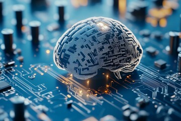Poster - A highly detailed digital rendering of a human brain seamlessly integrated with electronic circuitry, representing the fusion of technology and human cognition.