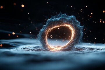 Poster - An abstract, glowing ring emanating light in a dark, ethereal space filled with particles, conveying a sense of mystery, wonder, and cosmic energy.