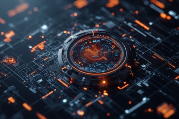 Poster - A high-tech digital interface with concentric glowing elements and intricate circuitry, showcasing a futuristic, high-tech design in dark blue and orange hues.