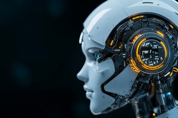 Poster - A detailed close-up of a futuristic robot head with advanced technological features and an intricate display, highlighting the precision and sophistication of modern robotics.