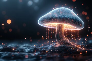 Poster - a futuristic digital illustration of a mushroom with glowing circuits and connections, representing 
