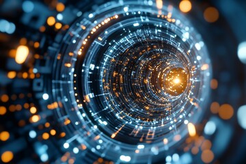 Poster - An abstract digital visualization of a tunnel with interconnected lights and pathways, symbolizing data flow, connectivity, and the intricacies of digital networks.