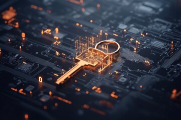 Poster - An intricately designed digital key unlocking a high-tech circuit board, symbolizing cybersecurity, encryption, and the protection of data in the digital age.