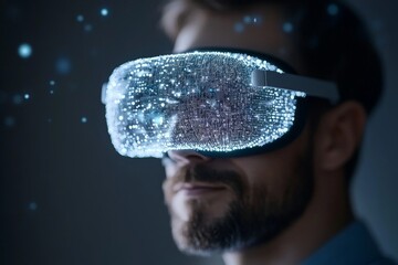 Poster - A person is immersed in a virtual reality experience, wearing a high-tech headset in a dark room, representing the future of digital interaction and immersive gaming.
