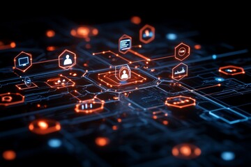 Poster - A detailed abstract image featuring a digital network of interconnected nodes and lines, symbolizing connectivity, technology, and data exchange in a modern society.