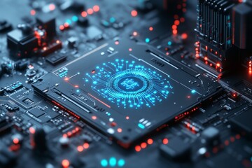 Poster - A technologically advanced image of a microprocessor chip with vibrant data lines emanating from it, symbolizing high-tech innovation and computational power.