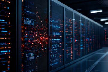 Poster - A row of illuminated servers in a modern data center, showcasing interconnected hardware and glowing lights, representing advanced technology and data processing.