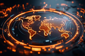 Poster - A digital world map illuminated with glowing orange network lines, representing global connectivity, technology, and the interconnectedness of nations and information.