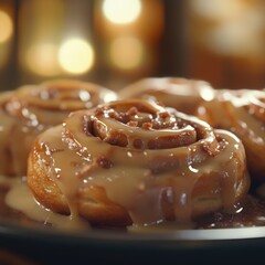 Wall Mural - Freshly baked cinnamon rolls with creamy glaze in warm lighting