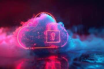 Poster - Neon colors depict a cloud symbol with a padlock, suggesting cybersecurity or data protection themes in a mysterious, fog-filled setting during nighttime.