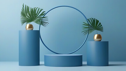 render blue podiums circular frame tropical leaves product presentation rendering mockup