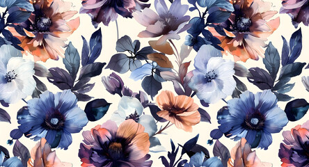 Wall Mural - Elegant textile design with flowers in watercolor seamless raster pattern