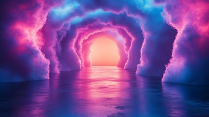 A tunnel with purple and blue clouds and a pink sun