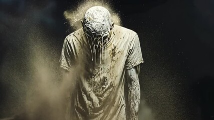 Poster - Figure Covered in Dark Substance Stands in a Desolate Landscape Generative AI