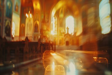 Wall Mural - Abstract blurred Orthodox church background, peaceful Christian sacred space..