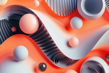 Poster - A vibrant design showcases intertwining curves and a variety of spheres, creating an engaging abstract artwork full of movement and color contrast.