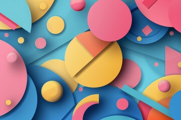 Poster - The artwork showcases vibrant geometric shapes, including circles, triangles, and squares, in an array of sizes and colors set against a bright blue background.