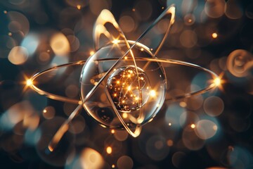Poster - The artwork illustrates an intricate atom at its center, with luminous particles orbiting around and a captivating blend of colors in the background that evoke a sense of energy.