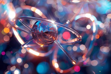 Poster - This artwork features a detailed atom design with electrons orbiting around a central nucleus, all set against a backdrop of vibrant and colorful bokeh.