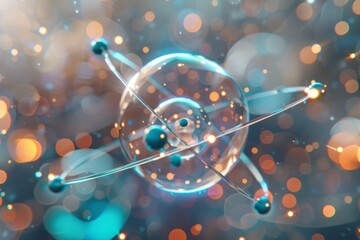 Poster - This vibrant illustration showcases an atom, featuring orbiting electrons around a central nucleus amidst a backdrop of soft, colorful bokeh lights.