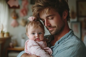 Loving Male Same Sex Couple Cuddling Baby Daughter In Bedroom At Home Together, Generative AI