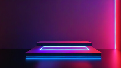 abstract neon lines glowing podium black floor blue red purple light rendering mockup