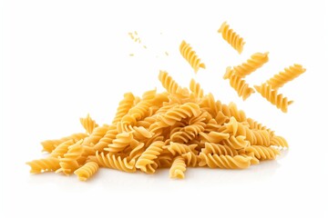 Wall Mural - Falling raw Fusilli, Rotini, uncooked Italian Pasta, isolated on white background, full depth of field