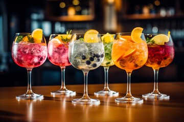 Five colorful gin tonic cocktails in wine glasses on bar counter in pup or restaurant