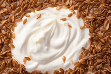 Wall Mural - Flax seeds in yogurt, top view background 