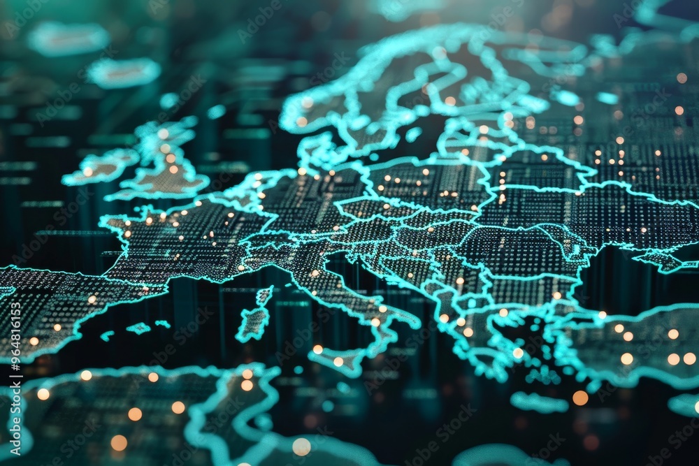 The digital representation showcases the map of Europe with glowing ...