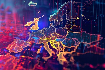 Poster - The map showcases a vibrant, digital representation of Europe, illuminated with colors that highlight various countries, cities, and network connections in a modern design.