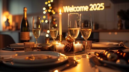 Beautifully arranged new year's eve dinner table featuring champagne flutes, lit candles, festive decor, and a welcome 2025 sign in background. ideal for holiday celebrations.