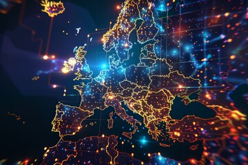 Poster - The visual showcases a luminous map of Europe illuminated with neon colors, highlighting interconnected networks and data flow across the continent at nighttime.