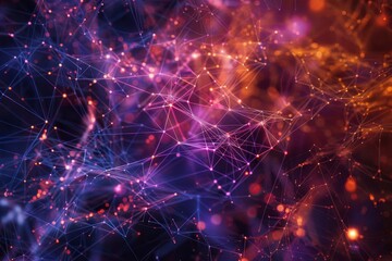 Poster - Colorful lines and glowing dots interconnect against a dark background, creating an abstract representation of a digital network in motion.