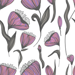 Wall Mural - Seamless background pink tulips. hand drawing. Not AI, Vector illustration