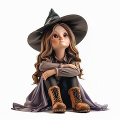 A whimsical illustration of a young witch seated, wearing a stylish hat and cozy boots, capturing the essence of magic and imagination.