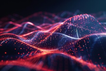 Poster - Vibrant digital waves undulate in a high-tech setting, showcasing dynamic data patterns illuminated by red and blue lights against a dark backdrop.
