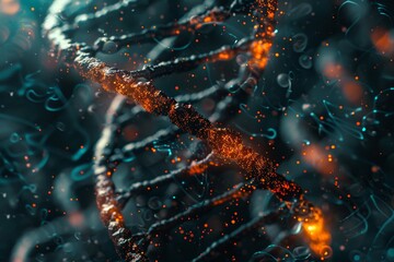 Poster - a close-up view of a vibrant dna double helix highlighted against a dark backdrop, featuring glowing
