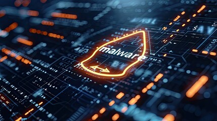 Poster - Detecting of a malware. Virus, system hack, cyber attack, malware warning sign on circuit board,